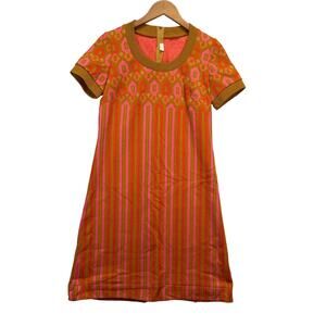 Vintage Orange Pink 60s 70s Short Sleeve Boho Blouson Midi Dress Size M